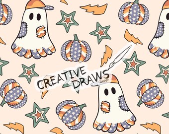 Ghost Pumpkin Seamless Pattern, Halloween Repeat Digital Paper