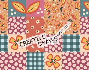 Fall Floral Patchwork Seamless Pattern, Autumn Seamless File Digital Download