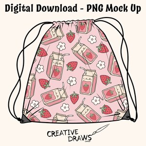 May include: A pink drawstring bag with a repeating pattern of milk cartons and strawberries. The milk cartons have a straw sticking out of the top and the strawberries are red with green leaves. The bag has black drawstrings and a white label that says "CREATIVE DRAWS Design".