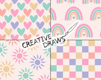 Conjunto de patrones sin costuras de arcoíris pastel, paquete de papel digital con repetición de corazones