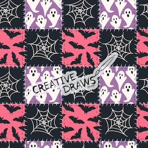 May include: A patchwork pattern featuring Halloween-themed designs. The design includes white ghosts on purple squares, black bats on pink squares, and white spiderwebs on black squares. The text "CREATIVE DRAWS Design" is also present.