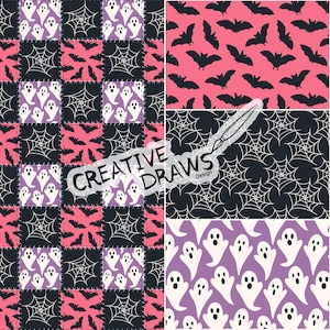 Peut inclure: Motifs d'Halloween avec des motifs de patchwork de fantômes, chauves-souris et toiles d'araignées en rose, noir, violet et blanc. L'image comprend le texte "CREATIVE DRAWS Design", offrant une esthétique effrayante mais ludique.