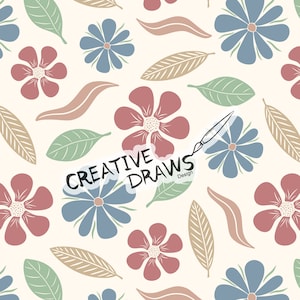 Puede incluir: Un patrón sin costuras con flores y hojas estilizadas en tonos de rosa, azul y verde sobre un fondo crema. El texto "CREATIVE DRAWS Design" se superpone al patrón.