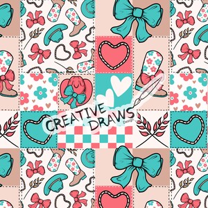May include: A seamless pattern featuring a patchwork design with various elements, including hearts, bows, hats, boots, and floral patterns. The colors are predominantly pink, blue, and white, creating a cheerful and whimsical aesthetic. The text "CREATIVE DRAWS - Design" is also included in the pattern.