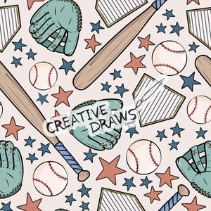 May include: A seamless pattern featuring baseball equipment, including bats, gloves, balls, and home plates. The pattern is set against a light pink background with red, blue, and white stars.