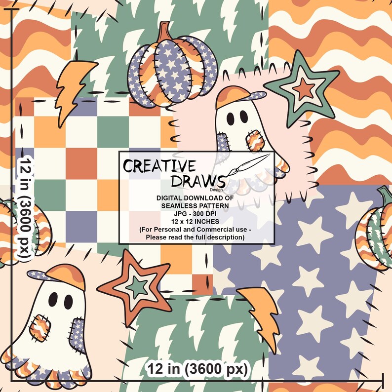 Ghost Pumpkin Patchwork Seamless Pattern Pack, Halloween Repeat Digital Paper Set imagen 10