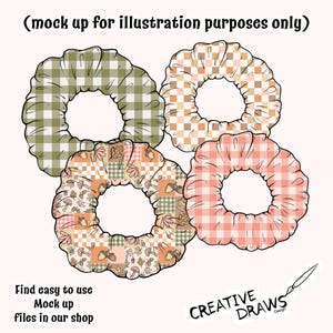 May include: Four scrunchies with various patterns, including gingham, patchwork with leaves and acorns, and a checkered design. The scrunchies are in shades of green, peach, and orange. Text at the bottom reads "Find easy to use Mock up files in our shop."