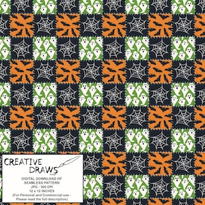 May include: A seamless Halloween-themed pattern with a patchwork design. The pattern features orange bats, white ghosts on green squares, and white spiderwebs on black squares. The image also includes the text "CREATIVE DRAWS Design" and "DIGITAL DOWNLOAD OF SEAMLESS PATTERN 12 x 12 INCHES".