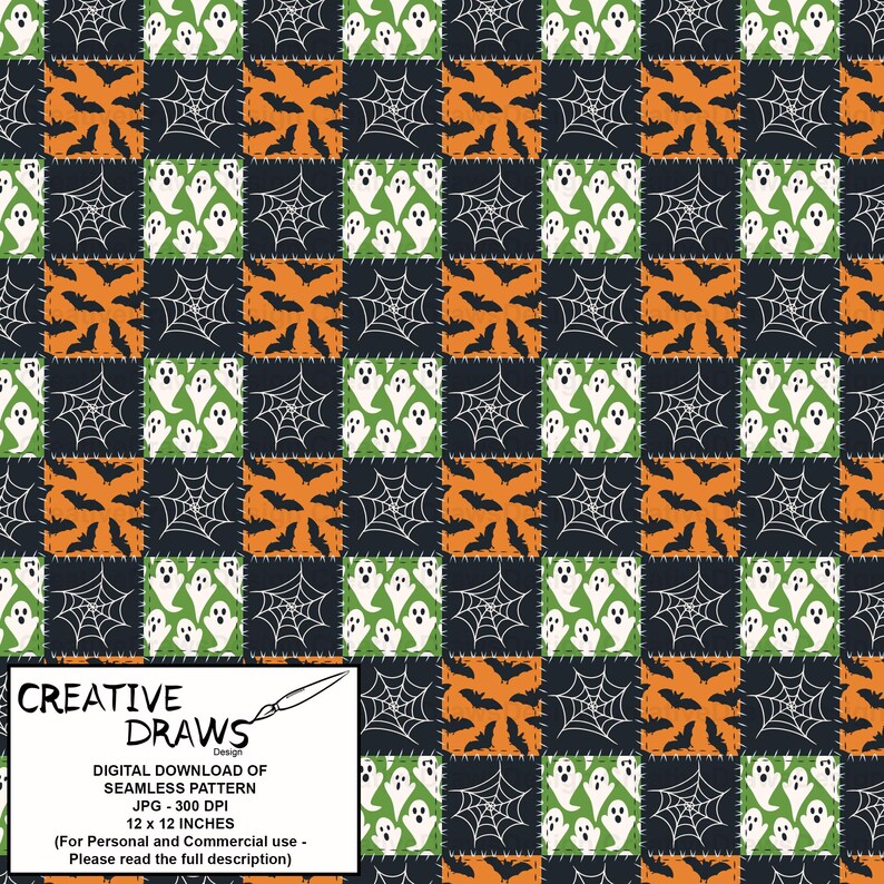 May include: A seamless Halloween-themed pattern with a patchwork design. The pattern features orange bats, white ghosts on green squares, and white spiderwebs on black squares. The image also includes the text "CREATIVE DRAWS Design" and "DIGITAL DOWNLOAD OF SEAMLESS PATTERN 12 x 12 INCHES".