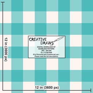 Pu&ograve; includere: Download digitale di un motivo senza cuciture con un design a quadretti vichy turchese e bianco. L'immagine include il testo "CREATIVE DRAWS" e dettagli sulle dimensioni, il formato e i diritti di utilizzo del motivo. Il motivo misura 30,48 x 30,48 cm.