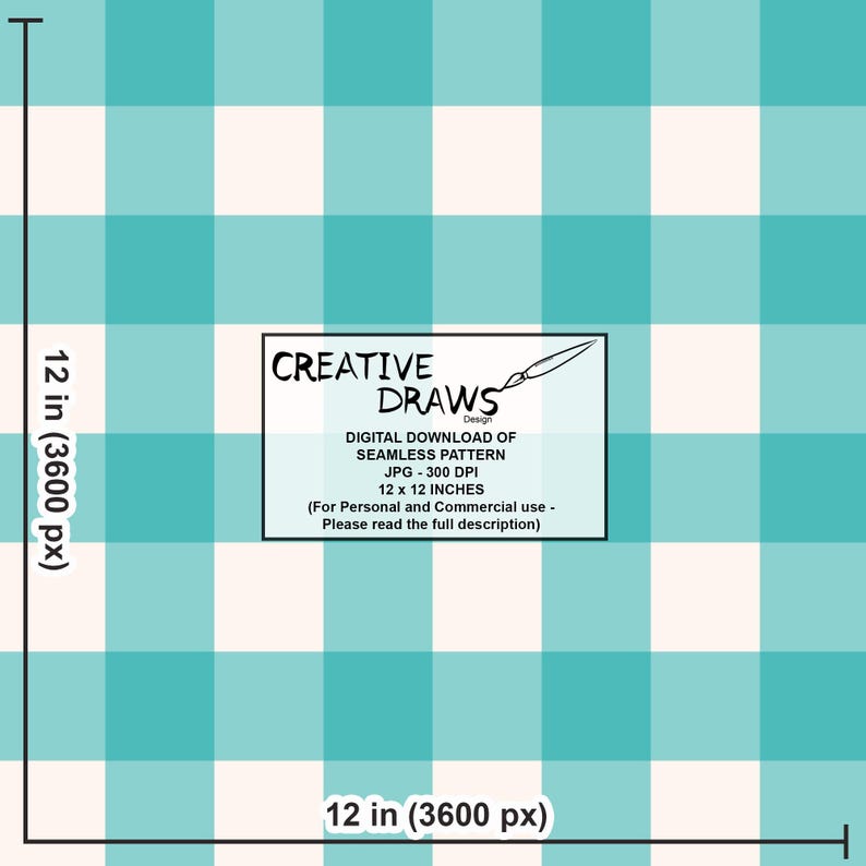 Pu&ograve; includere: Download digitale di un motivo senza cuciture con un design a quadretti vichy turchese e bianco. L'immagine include il testo "CREATIVE DRAWS" e dettagli sulle dimensioni, il formato e i diritti di utilizzo del motivo. Il motivo misura 30,48 x 30,48 cm.