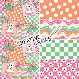 Ghost Bow Patchwork Seamless Pattern Pack, Halloween Repeat Digital Paper Set image 1