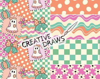 Ghost Bow Patchwork Seamless Pattern Pack, Halloween Repeat Digital Paper Set
