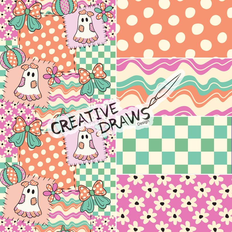 Ghost Bow Patchwork Seamless Pattern Pack, Halloween Repeat Digital Paper Set image 1