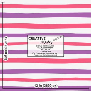 Puede incluir: Dise&ntilde;o de patr&oacute;n sin costuras con rayas horizontales pintadas a mano en tonos rosa y morado sobre un fondo blanco. La imagen incluye el texto "CREATIVE DRAWS Design" y "12 x 12 INCHES" (30,48 x 30,48 cm).