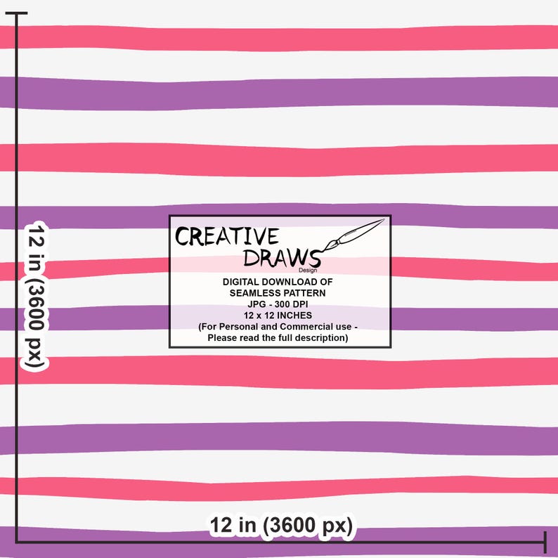 Puede incluir: Dise&ntilde;o de patr&oacute;n sin costuras con rayas horizontales pintadas a mano en tonos rosa y morado sobre un fondo blanco. La imagen incluye el texto "CREATIVE DRAWS Design" y "12 x 12 INCHES" (30,48 x 30,48 cm).