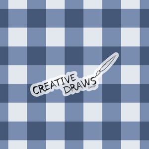 May include: A blue and white gingham pattern background with a white sticker that says "Creative Draws Design" with a drawing of a paintbrush.