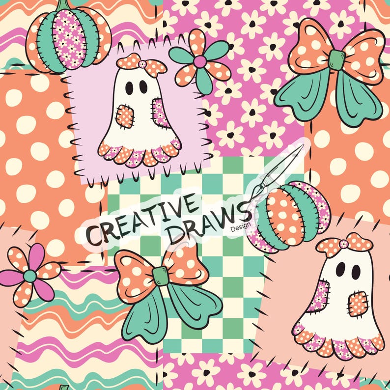 Op de afbeelding: Een naadloos patroon met witte spoken met bloemenpatches, turquoise en oranje pompoenen, stippen strikken en bloemen op achtergronden van roze madeliefjes, oranje stippen en groene ruitjes. De tekst CREATIVE DRAWS Design is zichtbaar.