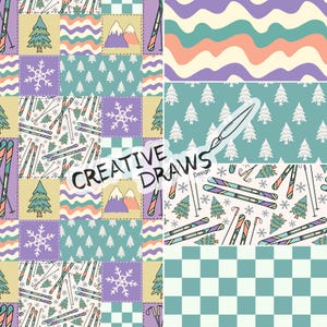 Op de afbeelding: Een patchwork-ontwerp met winterthema's. Het ontwerp bevat ski's, sneeuwvlokken, dennenbomen en bergen in verschillende kleuren, waaronder paars, groen en crème. De tekst "CREATIVE DRAWS Design" is ook aanwezig.