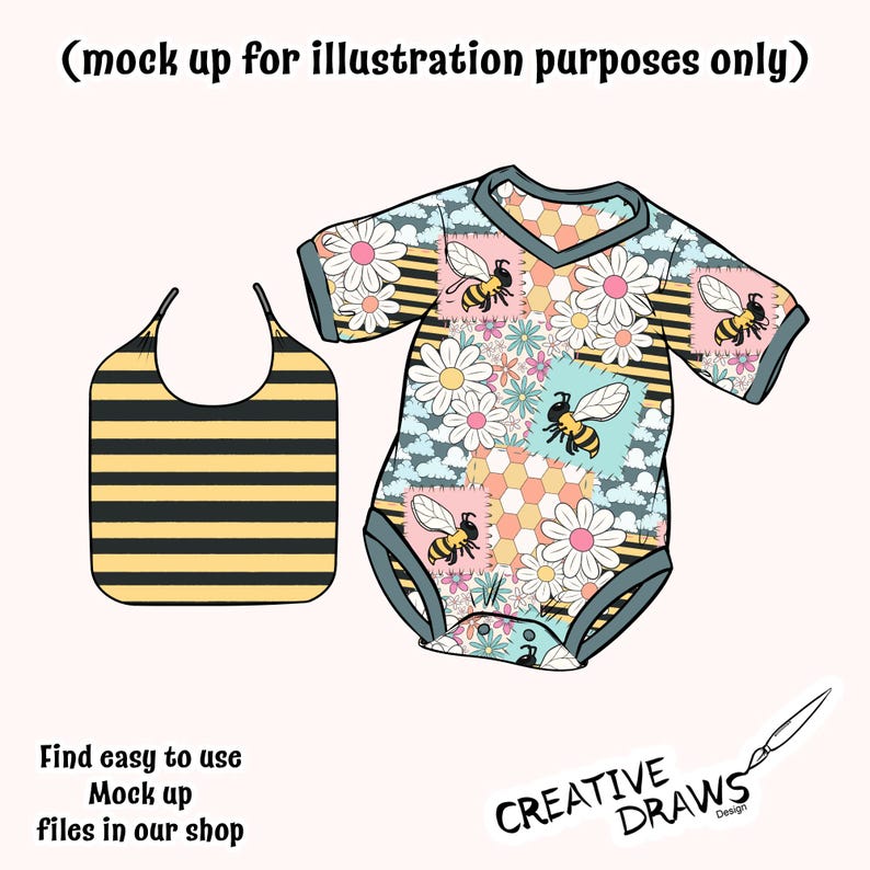 Op de afbeelding: Een babybody en slabbetjes set. De body heeft een bloemen- en bijenontwerp met een patchworkpatroon. De slab heeft gele en zwarte horizontale strepen. De tekst "Find easy to use Mock up files in our shop" is ook zichtbaar.