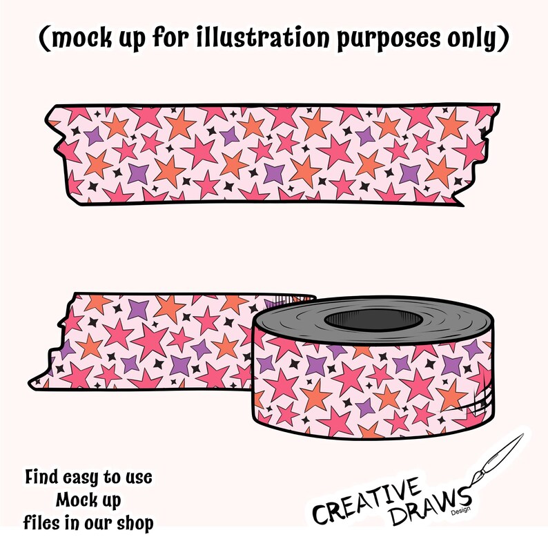 Puede incluir: Cinta adhesiva decorativa rosa con un patr&oacute;n de estrellas en tonos rosa, naranja y morado. La imagen muestra dos tiras y un rollo de cinta. El texto en la imagen dice "Find easy to use Mock up files in our shop".