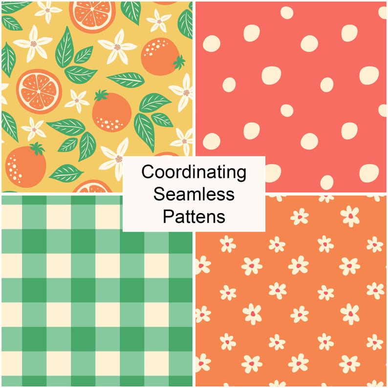 May include: Four coordinating seamless patterns. One features oranges, leaves, and flowers on a yellow background. Another has white polka dots on a red background. A third has a green and white gingham pattern, and the last has white flowers on an orange background.