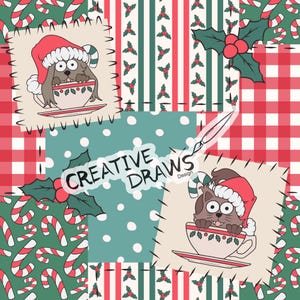 May include: A patchwork-style digital illustration featuring red and white candy canes, red and green holly, and red and white gingham patterns. Two square patches show a brown animal in a Santa hat inside a teacup. Text reads CREATIVE DRAWS Design.