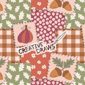 May include: A patchwork design featuring various patterns and illustrations. The design includes squares with pumpkins, acorns, leaves, polka dots, and plaid. The text "CREATIVE DRAWS Design" is also present. The color palette includes shades of orange, green, pink, and brown.