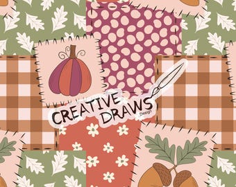 Pumpkin Acorn Patchwork Seamless Pattern, Fall Seamless File Digital Download