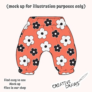 Puede incluir: Pantalones de beb&eacute; de color coral con un estampado floral de flores blancas y negras. Los pantalones tienen cintura y pu&ntilde;os fruncidos. El texto en la parte superior dice "(mock up for illustration purposes only)" y en la parte inferior "Find easy to use Mock up files in our shop".