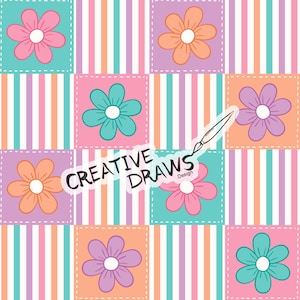 May include: A colourful patchwork pattern with pink, orange, turquoise, and purple flowers. The pattern is made up of squares with a striped background. The text "CREATIVE DRAWS Design" is written in black across the centre of the image.