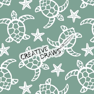 May include: A seamless pattern featuring white sea turtles and starfish on a muted teal background. The design includes the text "CREATIVE DRAWS Design" in a black and white sticker. The turtles are stylized with intricate shell patterns.