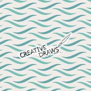 May include: A seamless pattern of blue and teal wavy lines on a white background. The text "CREATIVE DRAWS Design" is in a white box with a blue paintbrush.