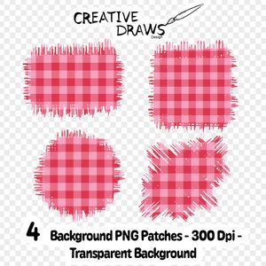 Pode incluir: Quatro quadrados com padrão de xadrez vermelho e branco com bordas desfiadas. Os quadrados estão sobre um fundo transparente. O texto "4 Background PNG Patches - 300 Dpi - Transparent Background" está abaixo dos quadrados.