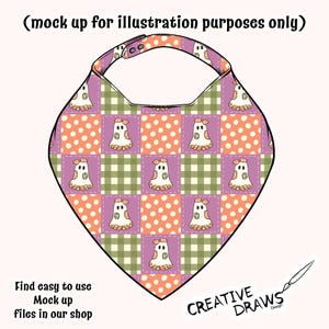 Pu&ograve; includere: Una bavaglina a bandana con un motivo ripetuto di fantasmi bianchi con fiocchi arancioni su uno sfondo a scacchi composto da quadrati viola, arancioni a pois e verde oliva. Il testo recita: (mock up for illustration purposes only), CREATIVE DRAWS Design e Find easy to use Mock up files in our shop.