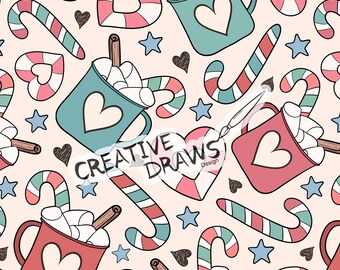 May include: A seamless pattern featuring mugs of hot chocolate with marshmallows, candy canes, cinnamon sticks, and hearts on a light pink background. The mugs are in red and blue with white hearts on them. The candy canes are red and white, and the hearts are pink.