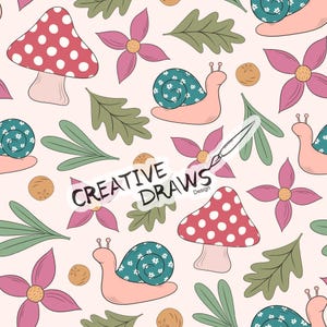 May include: A whimsical pattern featuring mushrooms with red polka dots, pink flowers, green leaves, snails with teal shells, and small brown circles. The text "CREATIVE DRAWS Design" is also present. The design is set against a light pink background.