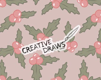 Könnte beinhalten: Ein nahtloses Muster mit rosa Stechpalmenbeeren und grünen Blättern auf einem hellrosa Hintergrund. Der Text "CREATIVE DRAWS Design" befindet sich in der Mitte des Bildes.