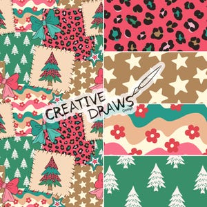 Christmas Tree Patchwork Seamless Pattern Pack, Repeat Digital Paper Set
