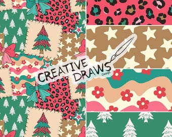 Christmas Tree Patchwork Seamless Pattern Pack, Repeat Digital Paper Set