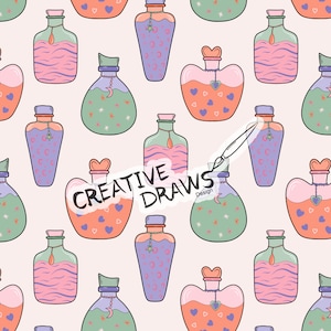 Potion Bottles Seamless Pattern, Halloween Digital Repeat Pattern for Personal and Commercial use