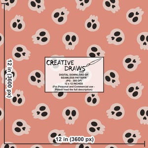 Puede incluir: Un patr&oacute;n sin costuras con calaveras de dibujos animados repetidas en blanco roto sobre un fondo melocot&oacute;n. La imagen incluye el texto "CREATIVE DRAWS Design" y detalles sobre la descarga digital, de 30,48 cm x 30,48 cm.