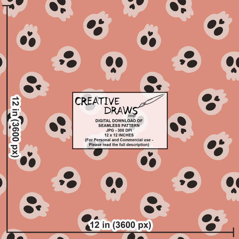 Puede incluir: Un patr&oacute;n sin costuras con calaveras de dibujos animados repetidas en blanco roto sobre un fondo melocot&oacute;n. La imagen incluye el texto "CREATIVE DRAWS Design" y detalles sobre la descarga digital, de 30,48 cm x 30,48 cm.