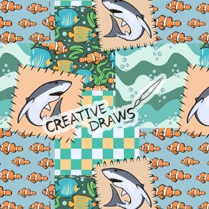 May include: A colorful patchwork design featuring a variety of sea creatures, including sharks, clownfish, and tropical fish. The design also includes a checkered pattern and a wavy blue and green background. The text "CREATIVE DRAWS Design" is included in the image.