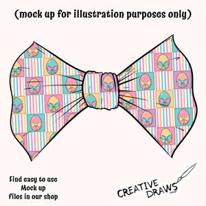 May include: A colorful bow tie with a pattern of pastel pink, blue, and yellow Easter eggs. The bow tie is tied in a knot and has a white background.