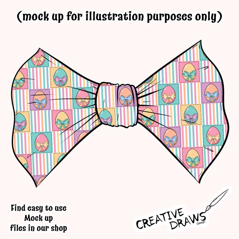 May include: A colorful bow tie with a pattern of pastel pink, blue, and yellow Easter eggs. The bow tie is tied in a knot and has a white background.