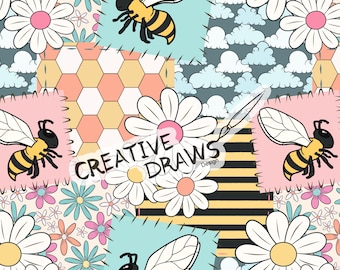 Spring Bee Patchwork Seamless Pattern, Seamless File Digital Download