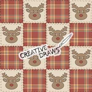 Op de afbeelding: Een herhalend patroon met rendiergezichten op een beige achtergrond, tegen een rood en bruin geruit ontwerp. Het ontwerp bevat de tekst "CREATIVE DRAWS Design" in een witte sticker. De rendieren hebben bruine geweien en neuzen.