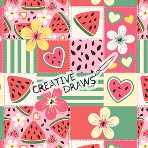 May include: A seamless pattern featuring a patchwork design with watermelon slices, hearts, and flowers in shades of pink, red, yellow, and green. The text "CREATIVE DRAWS Design" is written in black on a white background.