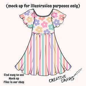 Pu&ograve; includere: Un mockup di un vestito senza maniche con una stampa floreale sul corpetto e una stampa a righe sulla gonna. Il vestito ha una scollatura rotonda e maniche a sbuffo. I colori sono rosa, blu, verde e giallo.